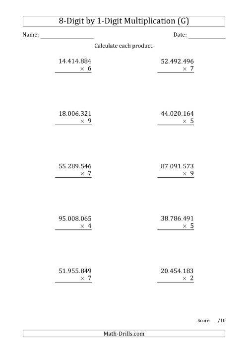 The Multiplying 8-Digit by 1-Digit Numbers with Period-Separated Thousands (G) Math Worksheet