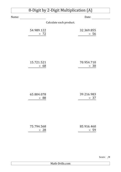 The Multiplying 8-Digit by 2-Digit Numbers with Period-Separated Thousands (A) Math Worksheet