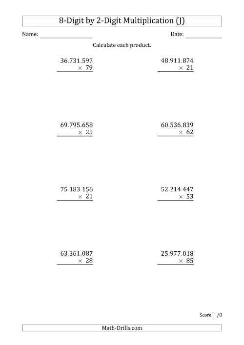 The Multiplying 8-Digit by 2-Digit Numbers with Period-Separated Thousands (J) Math Worksheet