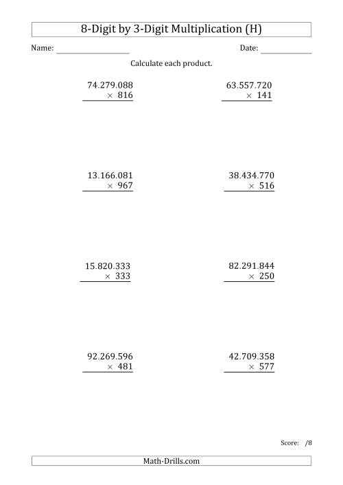 The Multiplying 8-Digit by 3-Digit Numbers with Period-Separated Thousands (H) Math Worksheet