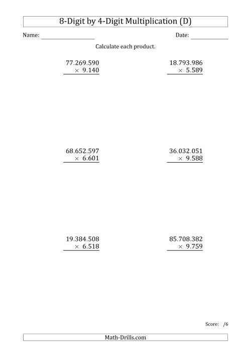 The Multiplying 8-Digit by 4-Digit Numbers with Period-Separated Thousands (D) Math Worksheet