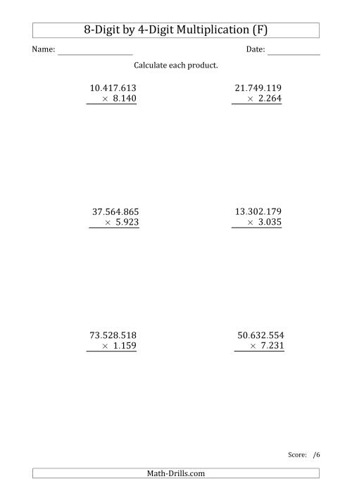 The Multiplying 8-Digit by 4-Digit Numbers with Period-Separated Thousands (F) Math Worksheet