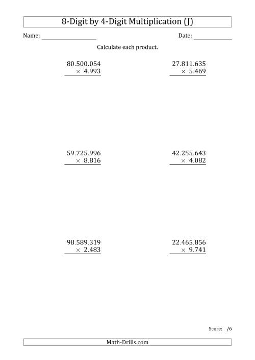 The Multiplying 8-Digit by 4-Digit Numbers with Period-Separated Thousands (J) Math Worksheet