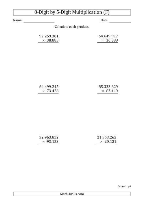 The Multiplying 8-Digit by 5-Digit Numbers with Period-Separated Thousands (F) Math Worksheet