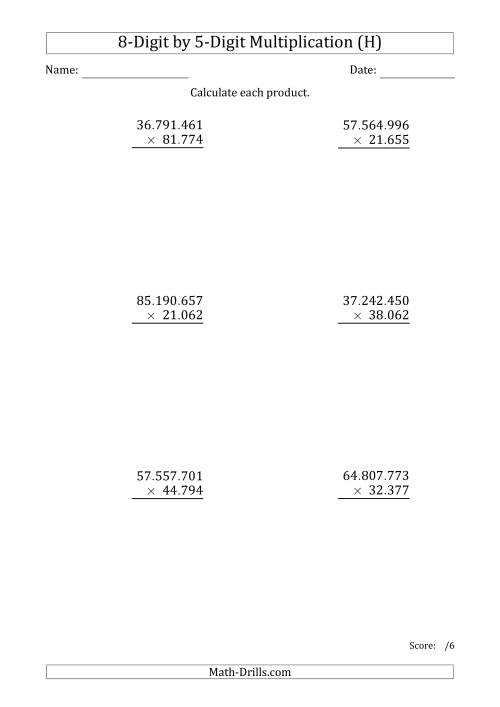 The Multiplying 8-Digit by 5-Digit Numbers with Period-Separated Thousands (H) Math Worksheet