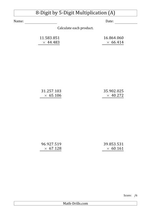 The Multiplying 8-Digit by 5-Digit Numbers with Period-Separated Thousands (All) Math Worksheet