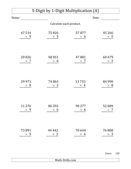 The Multiplying 5-Digit by 1-Digit Numbers with Space-Separated Thousands (A) Math Worksheet
