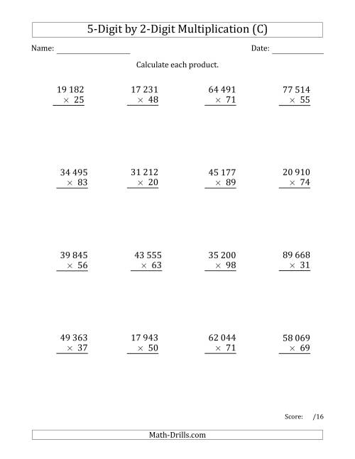 The Multiplying 5-Digit by 2-Digit Numbers with Space-Separated Thousands (C) Math Worksheet