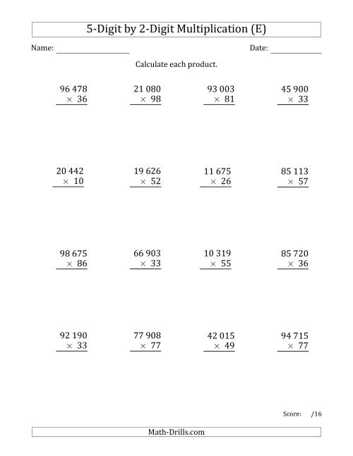 The Multiplying 5-Digit by 2-Digit Numbers with Space-Separated Thousands (E) Math Worksheet