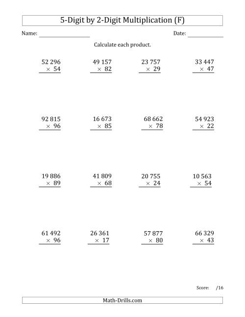 The Multiplying 5-Digit by 2-Digit Numbers with Space-Separated Thousands (F) Math Worksheet