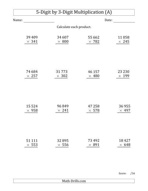 The Multiplying 5-Digit by 3-Digit Numbers with Space-Separated Thousands (A) Math Worksheet