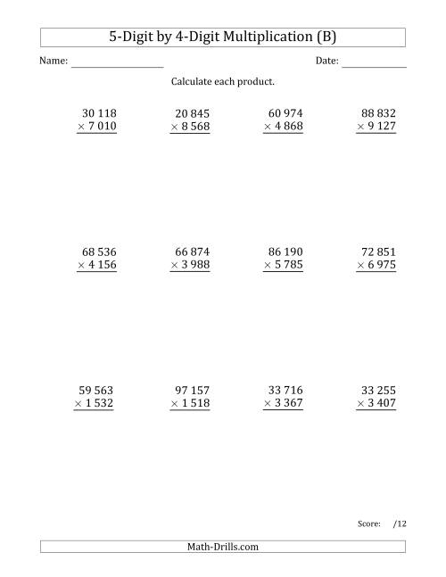 The Multiplying 5-Digit by 4-Digit Numbers with Space-Separated Thousands (B) Math Worksheet