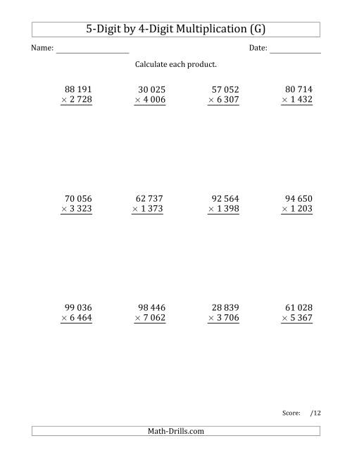 The Multiplying 5-Digit by 4-Digit Numbers with Space-Separated Thousands (G) Math Worksheet