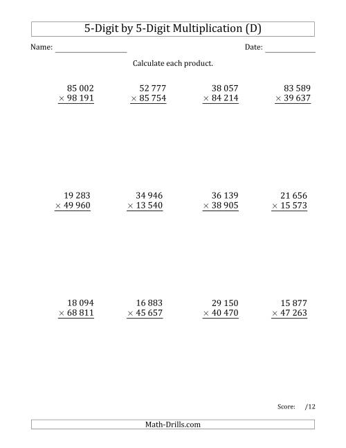 The Multiplying 5-Digit by 5-Digit Numbers with Space-Separated Thousands (D) Math Worksheet
