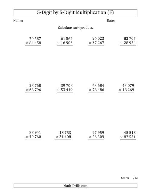 The Multiplying 5-Digit by 5-Digit Numbers with Space-Separated Thousands (F) Math Worksheet