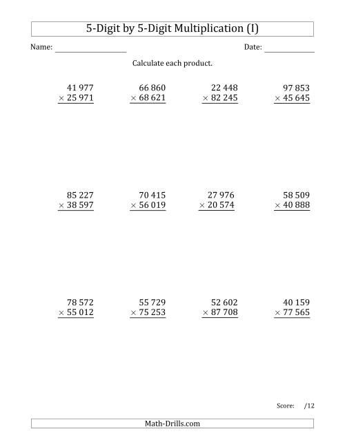 The Multiplying 5-Digit by 5-Digit Numbers with Space-Separated Thousands (I) Math Worksheet
