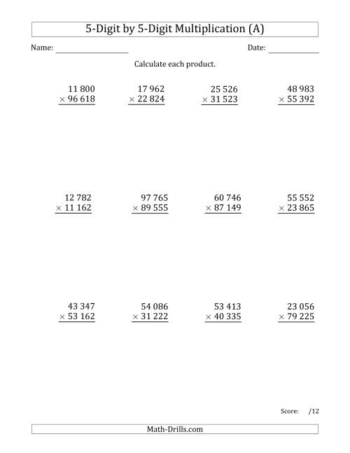 The Multiplying 5-Digit by 5-Digit Numbers with Space-Separated Thousands (All) Math Worksheet