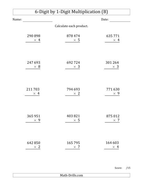 The Multiplying 6-Digit by 1-Digit Numbers with Space-Separated Thousands (B) Math Worksheet