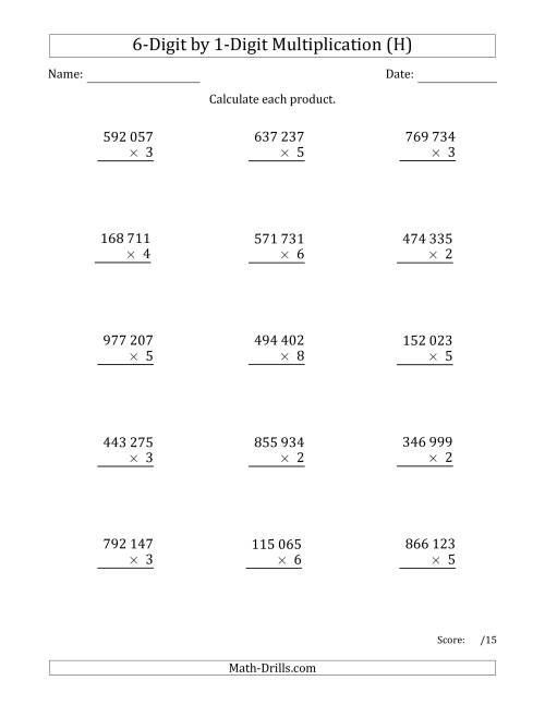 The Multiplying 6-Digit by 1-Digit Numbers with Space-Separated Thousands (H) Math Worksheet