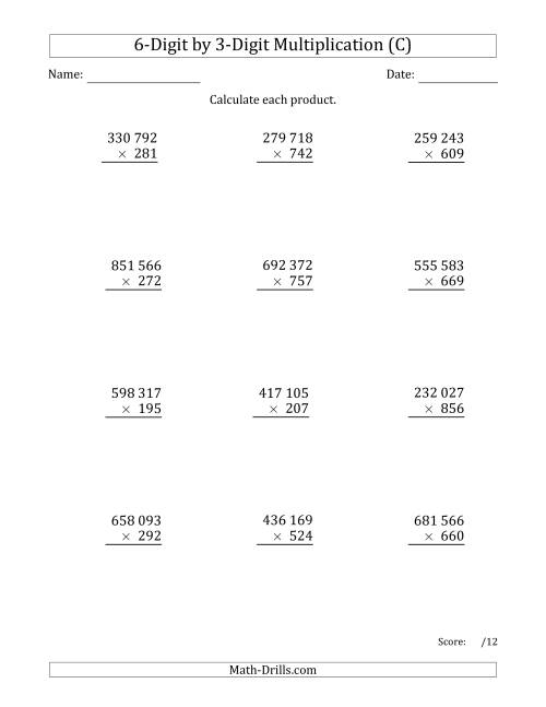 The Multiplying 6-Digit by 3-Digit Numbers with Space-Separated Thousands (C) Math Worksheet