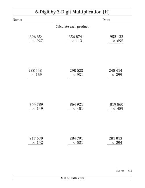 The Multiplying 6-Digit by 3-Digit Numbers with Space-Separated Thousands (H) Math Worksheet