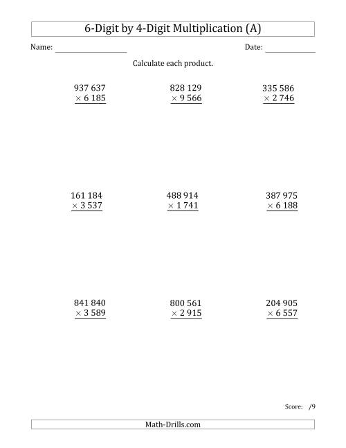 The Multiplying 6-Digit by 4-Digit Numbers with Space-Separated Thousands (A) Math Worksheet