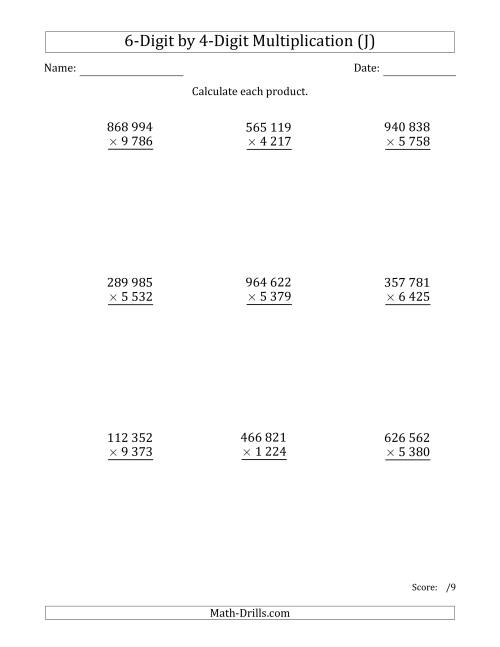The Multiplying 6-Digit by 4-Digit Numbers with Space-Separated Thousands (J) Math Worksheet