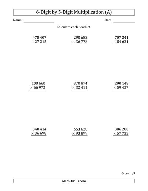 The Multiplying 6-Digit by 5-Digit Numbers with Space-Separated Thousands (A) Math Worksheet