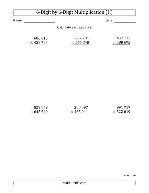The Multiplying 6-Digit by 6-Digit Numbers with Space-Separated Thousands (H) Math Worksheet