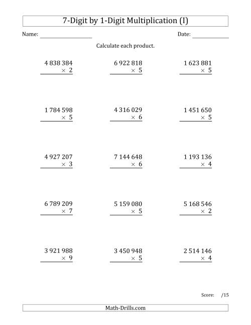 The Multiplying 7-Digit by 1-Digit Numbers with Space-Separated Thousands (I) Math Worksheet