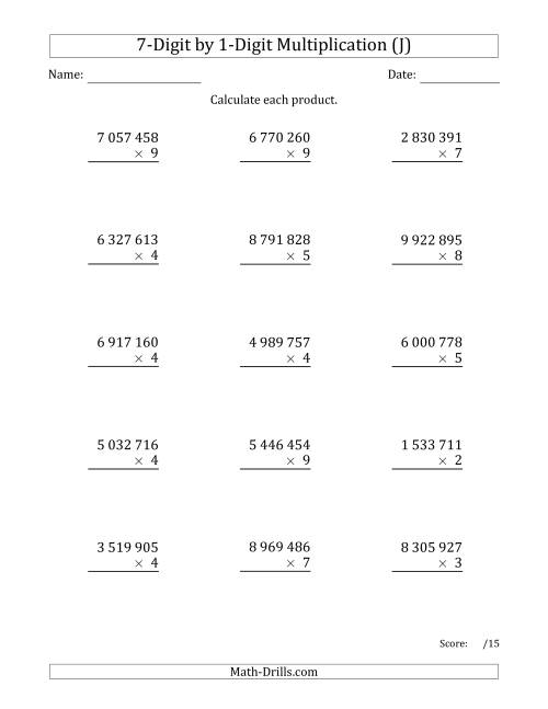 The Multiplying 7-Digit by 1-Digit Numbers with Space-Separated Thousands (J) Math Worksheet