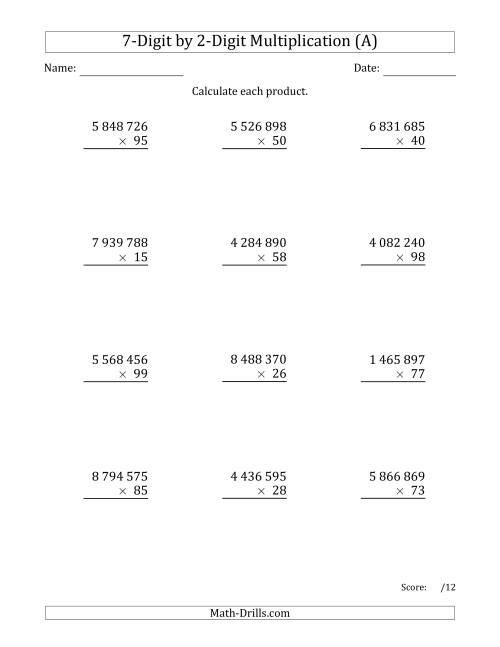 The Multiplying 7-Digit by 2-Digit Numbers with Space-Separated Thousands (A) Math Worksheet