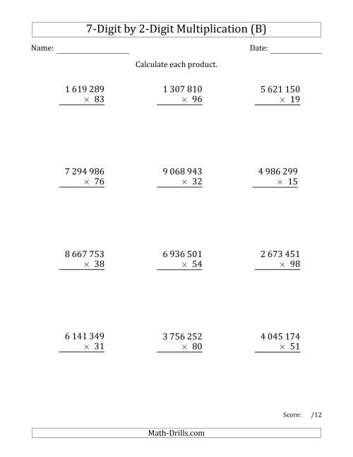 The Multiplying 7-Digit by 2-Digit Numbers with Space-Separated Thousands (B) Math Worksheet