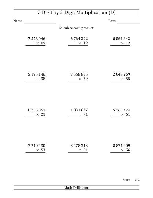 The Multiplying 7-Digit by 2-Digit Numbers with Space-Separated Thousands (D) Math Worksheet