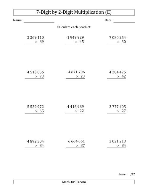 The Multiplying 7-Digit by 2-Digit Numbers with Space-Separated Thousands (E) Math Worksheet