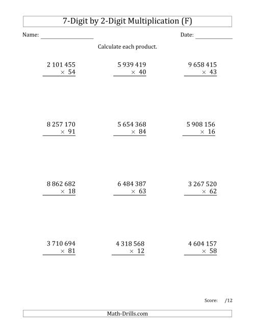 The Multiplying 7-Digit by 2-Digit Numbers with Space-Separated Thousands (F) Math Worksheet
