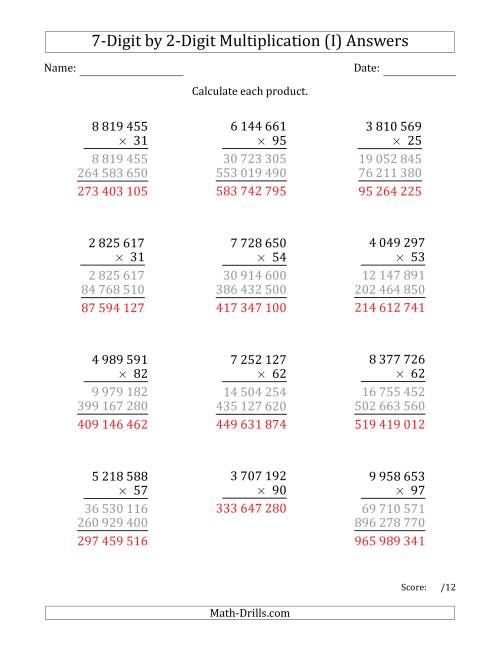 The Multiplying 7-Digit by 2-Digit Numbers with Space-Separated Thousands (I) Math Worksheet Page 2