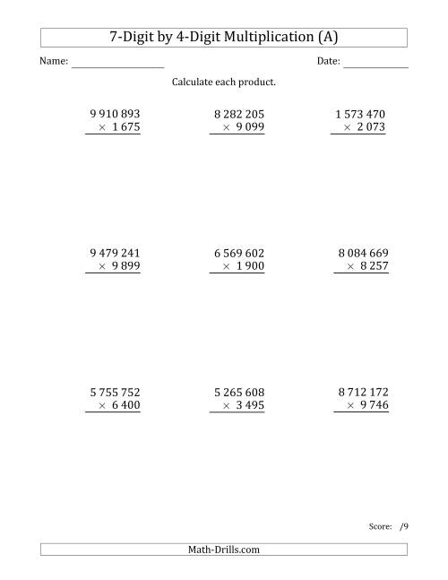 The Multiplying 7-Digit by 4-Digit Numbers with Space-Separated Thousands (A) Math Worksheet