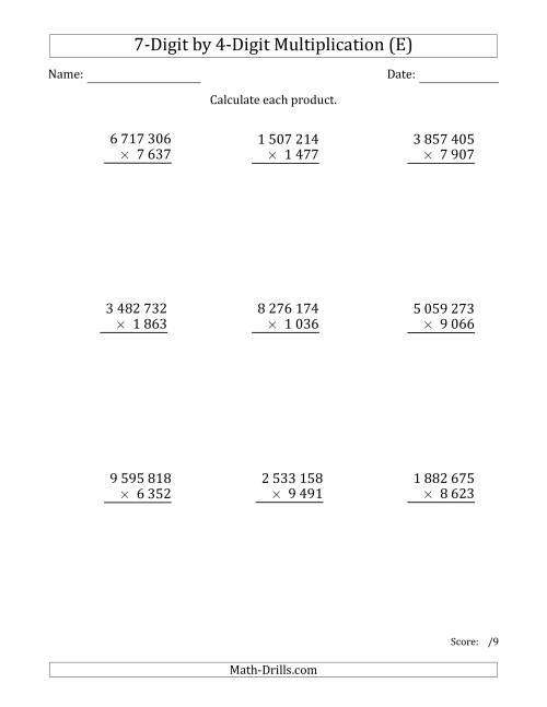 The Multiplying 7-Digit by 4-Digit Numbers with Space-Separated Thousands (E) Math Worksheet