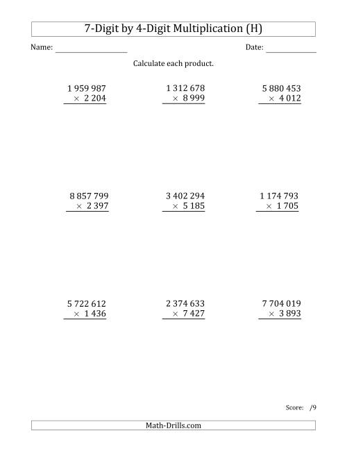 The Multiplying 7-Digit by 4-Digit Numbers with Space-Separated Thousands (H) Math Worksheet