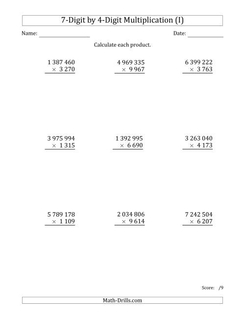 The Multiplying 7-Digit by 4-Digit Numbers with Space-Separated Thousands (I) Math Worksheet
