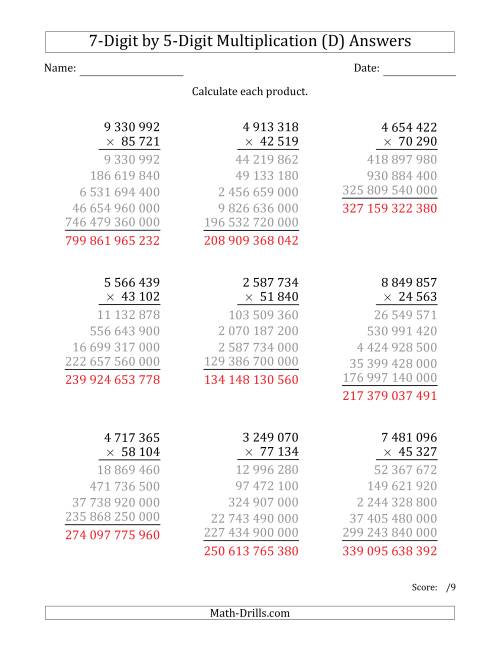 The Multiplying 7-Digit by 5-Digit Numbers with Space-Separated Thousands (D) Math Worksheet Page 2