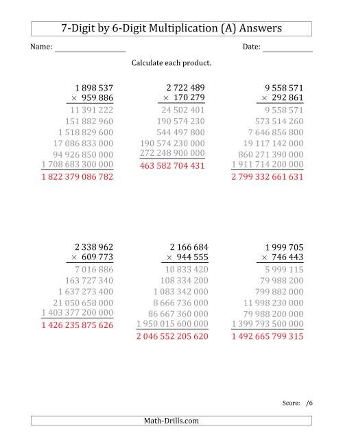 The Multiplying 7-Digit by 6-Digit Numbers with Space-Separated Thousands (All) Math Worksheet Page 2