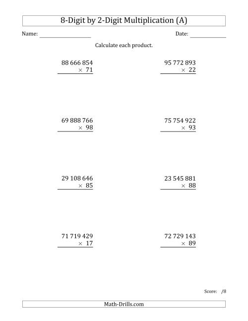 The Multiplying 8-Digit by 2-Digit Numbers with Space-Separated Thousands (A) Math Worksheet