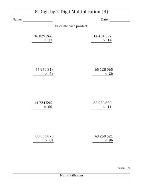 The Multiplying 8-Digit by 2-Digit Numbers with Space-Separated Thousands (B) Math Worksheet