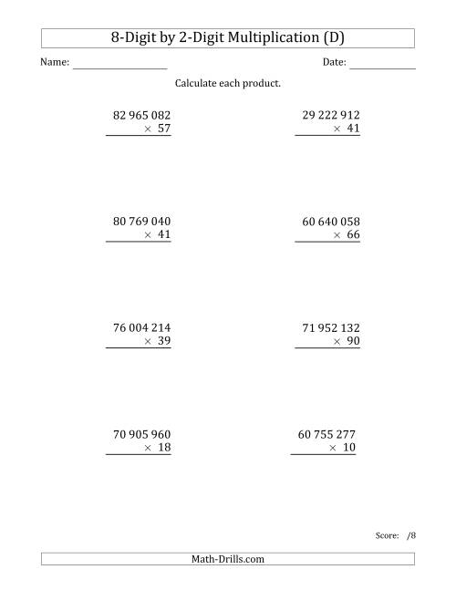 The Multiplying 8-Digit by 2-Digit Numbers with Space-Separated Thousands (D) Math Worksheet