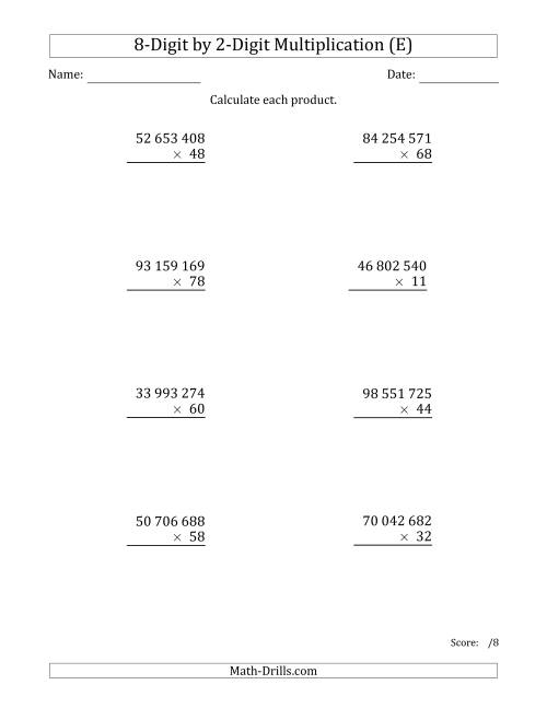 The Multiplying 8-Digit by 2-Digit Numbers with Space-Separated Thousands (E) Math Worksheet