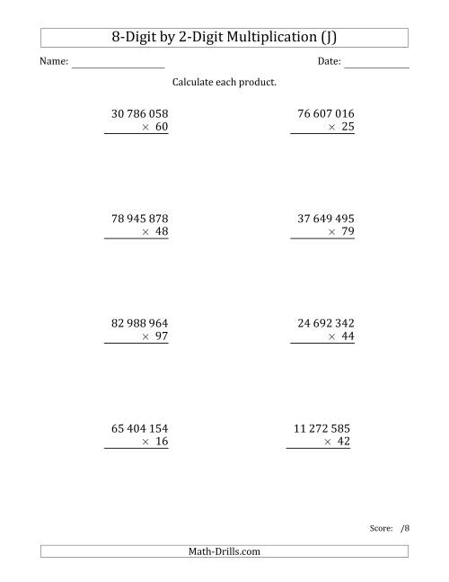 The Multiplying 8-Digit by 2-Digit Numbers with Space-Separated Thousands (J) Math Worksheet