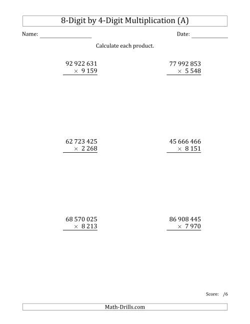 The Multiplying 8-Digit by 4-Digit Numbers with Space-Separated Thousands (All) Math Worksheet