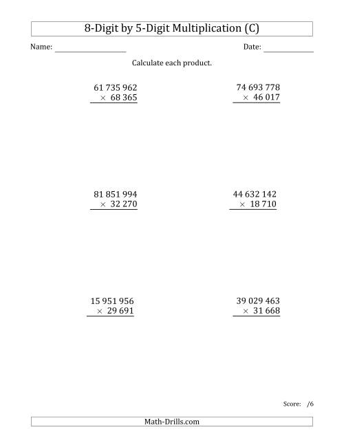 The Multiplying 8-Digit by 5-Digit Numbers with Space-Separated Thousands (C) Math Worksheet